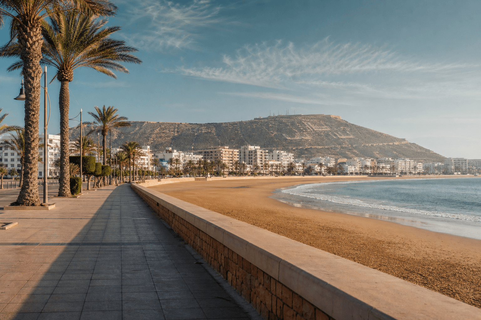 Agadir's broad beachfront promenade in warm morning light